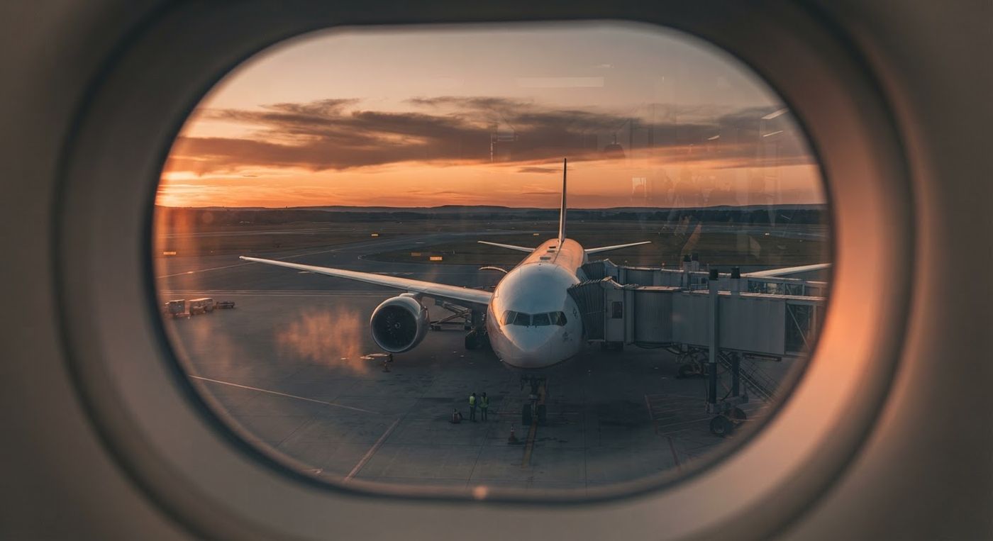 Avion la apus văzut prin hublou